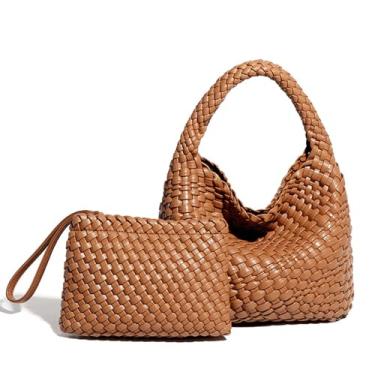 Imagem de Movefad Bolsa feminina de tecido de couro vegano, bolsa de ombro tecida à mão com pequena bolsa feita à mão, grande, de viagem, trançada, de verão, alça superior