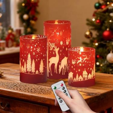 Imagem de DRomance Velas de Natal sem chamas operadas por bateria com controle remoto de 10 teclas e temporizador, pavio 3D, galvanoplastia, vidro, rena, LED, decorações internas de férias (vermelho, 7,6 cm P x