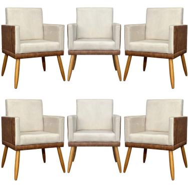 Imagem de Kit 6 Poltronas Decorativas Para Escritório Lis Corino e Pé 30cm - Bege Suede Corino
