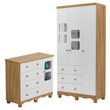 Imagem de Jogo De Quarto Infantil Uli Guarda Roupa 3 Portas E Cômoda Branco Brilho/amêndoa - Móveis Peroba