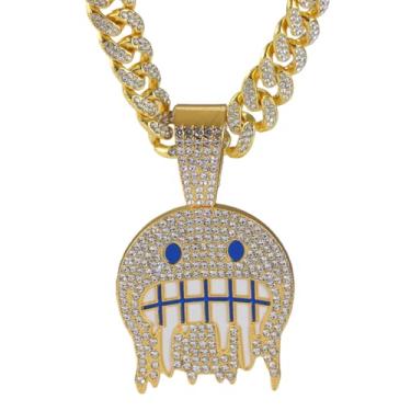 Imagem de GuoShuang Corrente de elos cubanos com pingente de rosto pingando gelo, corrente cubana Miami de 45,7 cm, colar de joias hip hop para mulheres