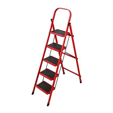 Imagem de Escadas dobráveis escadas de metal de ferro escada de 5 degraus banqueta dobrável com pega e pedal largo escada resistente 150 kg capacidade para escada resistente doméstica (cor: Escada D) (Escada D