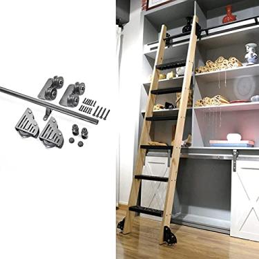 Imagem de Kit de porta de celeiro deslizante de 1 a 6 m, biblioteca de escada deslizante, conjunto completo de trilhos de rolamento (sem escada), trilho de escada rolante de tubo redondo de aço com rodízios de