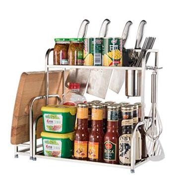 Imagem de BSNANCA Suporte de prateleira de cozinha de aço inoxidável 304 para potes de especiarias e utensílios com pauzinhos/facas/tábua de corte (prata 48 x 22,5 x 41 cm) Bandeja de talheres