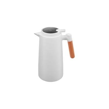 Imagem de Garrafa Térmica com Cabo de Madeira, 1 Litro, Marrom, Vidro e Plástico, 24cm x 12cm, Tampa com Botão Pressão, para Café, Chá e Leite