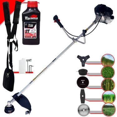 Imagem de Roçadeira Toyama KW43 À Gasolina 43cc 1,7HP Com Faca 2 Pontas + Faca 3 Pontas + Faca 40 Dentes + Faca 80 Dentes + Carretel de Nylon + ÓLEO TOYAMA 2T