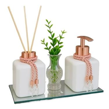 Imagem de Kit Lavabo Pet Vasinho Com Flor Bandeja Aromatizador e Saboneteira Luxo - Decoração Banheiro Moderno(Rosê)