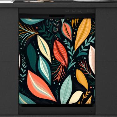 Imagem de Capa magnética para lava-louças, folhas coloridas vintage magnéticas decorativas para lava-louças, capa magnética para porta de lava-louças, decalque para cozinha, eletrodomésticos, 58 x 66 cm