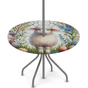 Imagem de hongjinglin Toalha de mesa de Páscoa para uso ao ar livre com orifício para guarda-chuva, toalha de mesa redonda elástica com zíper, impermeável, limpável, para piquenique, festa, pátio, serve para