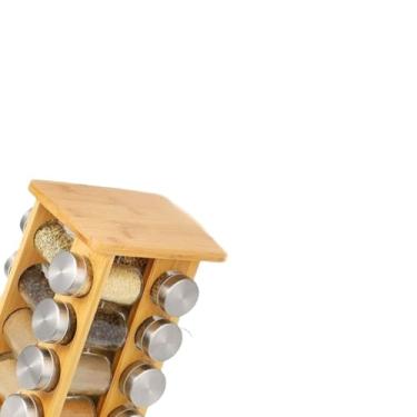 Imagem de Organizador Giratorio，Kit Com Porta-Temperos Giratório De Bambu (1 Unidade) + 16 Potes De 100ml + 16 Etiquetas + Caneta