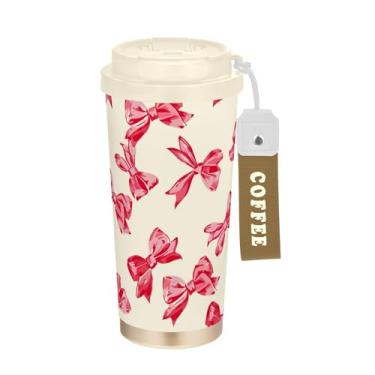 Imagem de SEHANY Linda caneca de viagem rosa com laço de bolinhas 482 g Copos de café reutilizáveis revestidos de cerâmica com tampa à prova de vazamento, parede dupla, isolamento a vácuo, copo de café de aço