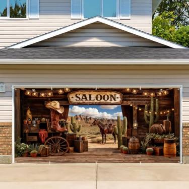 Imagem de Capa de porta de garagem de aniversário, cenário fotográfico de faixa de feliz aniversário, fundo de festa para decoração de parede interna e externa (bar cowboy ocidental, 2,1 x 4,9 m)