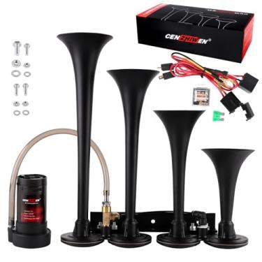 Imagem de Kit de perfuração de buzina de trem, buzinas de ar super alto 12V 150db 4 trompete com compressor adequado para picup/motorhome/SUV/caminhão/trem (4 trompetes com compressor de ar 12 V e botão)