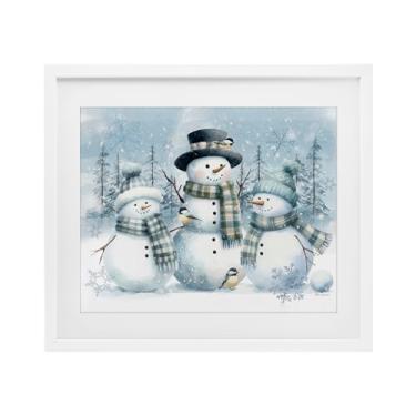 Imagem de Stupell Industries "Snowmen Trio and Bird", impressão emoldurada sob vidro, branca, 40,6 x 33,5 cm