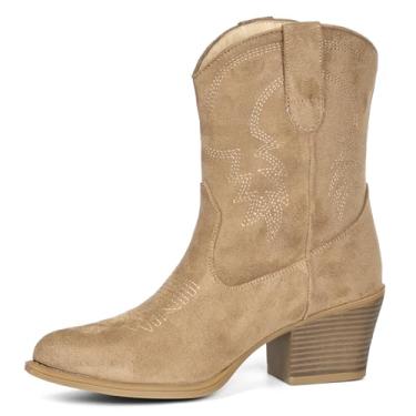 Imagem de IXU Botas caubói femininas cano curto cano curto bota clássica cano médio bico fino botas curtas grossas, Camelo de camurça, 40