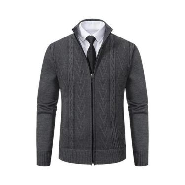 Imagem de Suéter Cardigan Masculino De Tricô Grosso Com Gola Alta Quente Para Ou