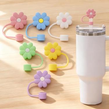 Imagem de Tampas de canudo de silicone, reutilizáveis, à prova de poeira, tampas de canudo para copo Stanley, pacote com 6, roxo, azul, amarelo, verde, branco, rosa