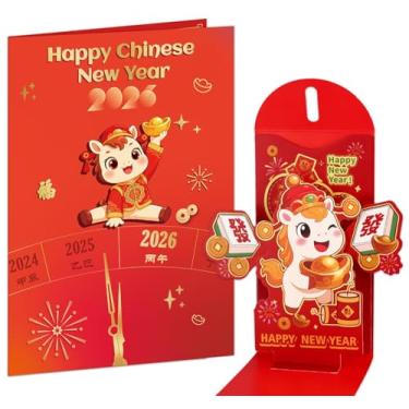 Imagem de Cartão de Ano Novo Chinês - Cartões de Ano Novo Lunar 2026 com Envelope Vermelho Chinês Impressionante Folha Dourada com Envelope A2
