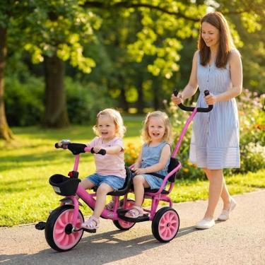 Imagem de Triciclo Duplo Infantil 2 Lugares com Empurrador Tipo Carrinho Bicicleta Passeio Cesto Campainha e Haste Guia	