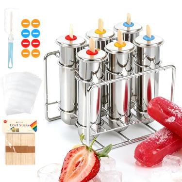 Imagem de Moldes de picolé de aço inoxidável, conjunto de 6, redondos, 60 palitos de bambu reutilizáveis, 14 selos de silicone e 1 rack, 20 sacos pop, 1 escova de limpeza