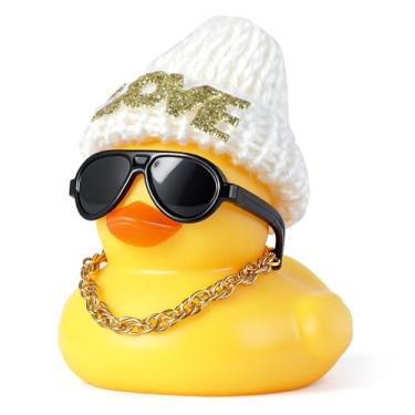 Imagem de BOZILY Rubber Duck Car Dashboard Decoration - Holiday Rubber Duck with Knit Hat, Sunglasses, Necklace & Adhesive Tapes, Plastic Ducks Stress Relief Decor for Automotive Interior