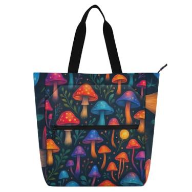 Imagem de GAIGEO Bolsa de trabalho colorida de cogumelos para mulheres, bolsa de lona para livros de praia, bolsa de tecido com zíper, para amantes de livros