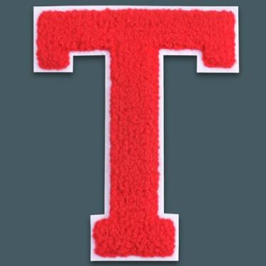 Imagem de QianSiLi Adesivos de letras universitárias de chenille vermelho de 15 cm, letras grandes para jaquetas Letterman, moletons com capuz, mochilas, coletes, roupas, adesivos individuais de letra T