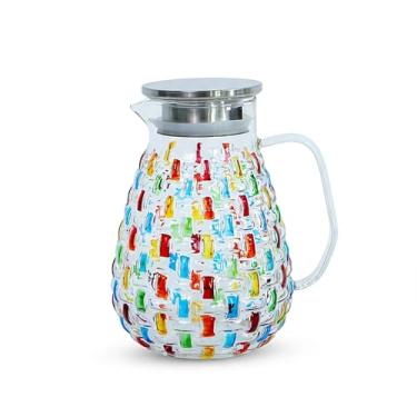 Imagem de Magcolor Jarra de cristal colorida pintada à mão com tampa de aço inoxidável – design de tecelagem colorido, jarra de água, jarro de água quente/fria, garrafa de suco e chá gelado (50 onças).