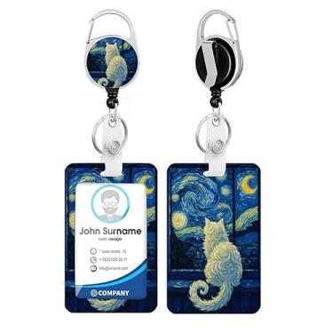 Imagem de Porta-crachá de identificação de gato preto com clipe de carretel de crachá noturno estrelado retrátil resistente, chaveiro, cartão de identificação para mulheres, enfermeiros, professores