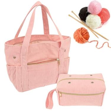 Imagem de Bolsa de crochê de veludo cotelê, bolsa grande de 29 cm para projetos de crochê e tricô com suporte de agulha de ilhós, organizador de bolsa de tricô para gancho, acessório, projeto, ferramentas