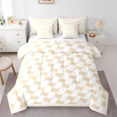 Imagem de Erosebridal Conjunto de cama quadriculado branco bege para meninas, 7 peças, tamanho casal, triangular, geométrico, xadrez, boêmio, xadrez, buffalo, para crianças, pré-adolescentes, adultos, mulheres