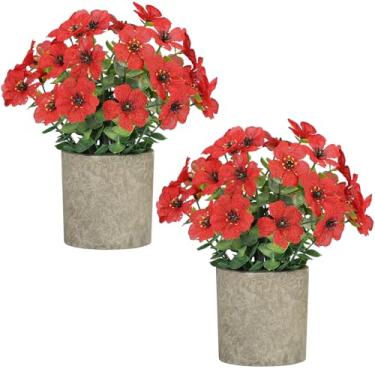 Imagem de FAVOWREATH Pacote com 2 plantas falsas pequenas, vasos de plantas artificiais, flores artificiais em vaso margarida com folhas de eucalipto, para decoração de casa, escritório, casa de fazenda, mesa