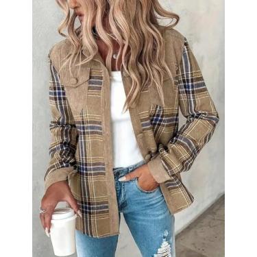 Imagem de Jaqueta feminina bege de veludo cotelê e xadrez - botão frontal grande, Caqui, Small