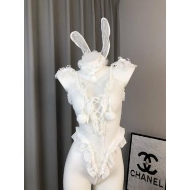 Imagem de Lingerie sexy de coelhinho cosplay roupa de empregada inteiriça body de pelúcia