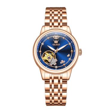 Imagem de OLEVS Relógios femininos automáticos de luxo com diamante para mulheres, pulseira de cerâmica, impermeável, conjunto de pulseira e relógio feminino, 6732lv: ouro rosa e mostrador azul