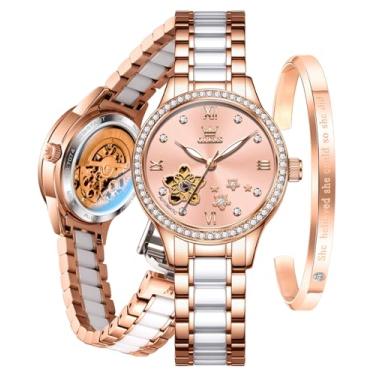 Imagem de OLEVS Relógios femininos automáticos de luxo com diamante para mulheres, pulseira de cerâmica, impermeável, conjunto de pulseira e relógio feminino, 7074: mostrador rosa dourado e rosa