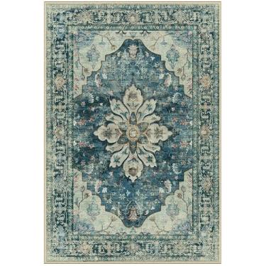 Imagem de RELEANY Tapetes de área de 6,5 x 2,5 m, lavável, antiderrapante, estampa floral, vintage, medalhão para sala de estar, quarto, sala de jantar, azul escuro vintage