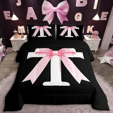 Imagem de jejeloiu Conjunto de edredom com laço rosa kawaii, presente para mulheres, adolescentes, tamanho casal, conjunto de cama com monograma preto e rosa, ultramacio, personalizado, com letra T, laço