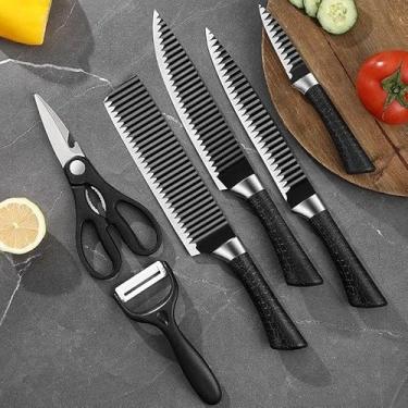 Imagem de Faqueiro 6 Peças em Aço Inox Antiaderente com Descascador e Tesoura – Jogo de Facas para Cozinha e Churrasco Getit Well(KIT 6 FACA BRANCO)