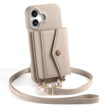 Imagem de Bolsa de ombro para iPhone 17/17 Air/17 Pro/17 Pro Max, com porta-cartões e espelho de maquiagem, capa para celular, carteira de couro elegante (bege, 17 Pro Max)