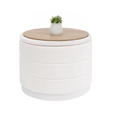 Imagem de B FSOBEIIALEO Otomano de armazenamento de veludo redondo com bandeja, otomano dobrável com mesa de centro de armazenamento descanso de pés para dormitório, sala de estar branco, 58 cm x 58 cm x 44 cm