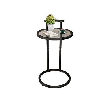 Imagem de Mesa lateral de metal simples, mesa de canto redonda de vidro de ferro de madeira, mesa de sala de estar, mesa de café, mesa de chá (cor: B) (A)