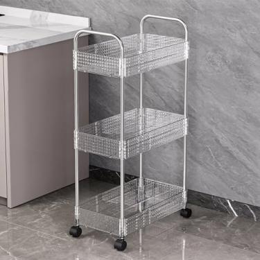 Imagem de Carrinho de rodinhas de acrílico multifuncional de 3 níveis - Rack organizador móvel para cozinha e banheiro - Carrinho utilitário com rodas e alça para fácil armazenamento