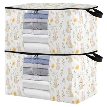 Imagem de Burbuja Bolsa de armazenamento de roupas de coelho com tampas e alça, embalagem com 2 recipientes de armazenamento de cobertor dobrável com zíper resistente e janela transparente para armário de