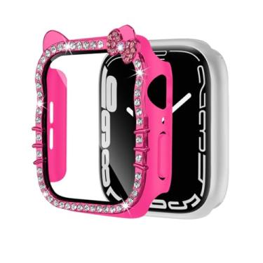 Imagem de Capa de desenho animado com strass de gato compatível com Apple Watch 11/10/9/8/7/6/5/4/SE capa protetora transparente para séries 40 mm, 41 mm, 42 mm, 44 mm, 45 mm, 46 mm, feminino (rosa claro, série