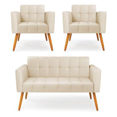 Imagem de Kit 1 Sofá Namoradeira E 2 Poltronas Elisa Corino Bege Pés Palito Castanho - D'rossi