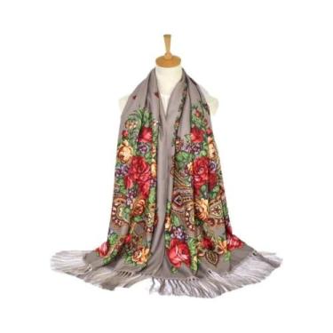 Imagem de Lenço Estampado Floral Estilo Russo Feminino Retrô Com Franjas Xale Uc