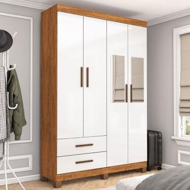 Imagem de Guarda-Roupa Solteiro Solo 4 Portas 2 Gavetas com Pés e Espelho Cinamomo/Branco - Pnr Móveis