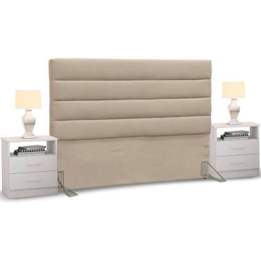 Imagem de Cabeceira Cama Box Casal King 195cm Greta Suede Bege e 2 Mesas de Cabeceira Flex Branco - Mpozenato