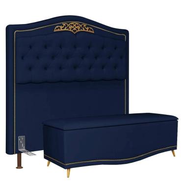 Imagem de Cabeceira Cama Box Casal King 195cm com Calçadeira Baú Imperial Veludo J02 Azul - Mpozenato